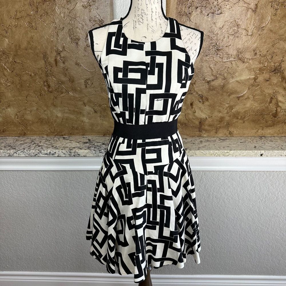 Milly New York Dress Womens 2‎ Fit & Flare Black White Geometric Chain Link Logo